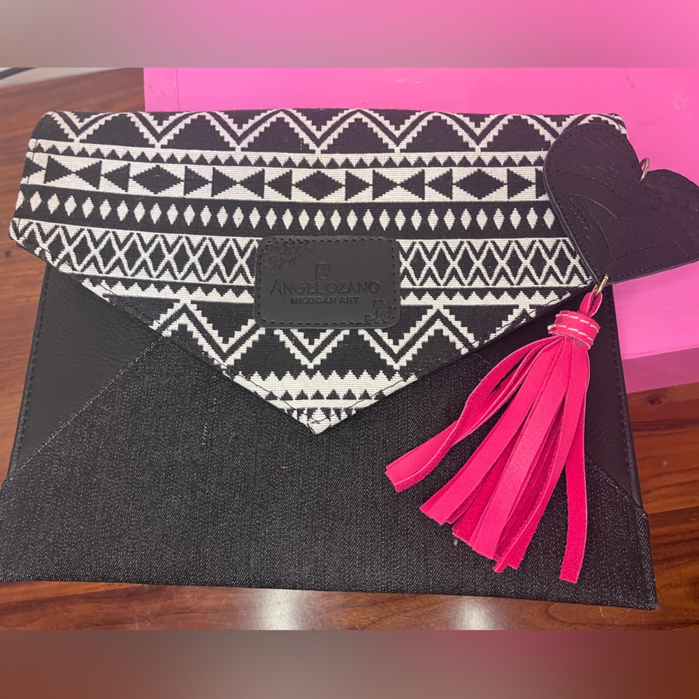 AngeLozano Black and White Clutch with leather heart Pink Tassel